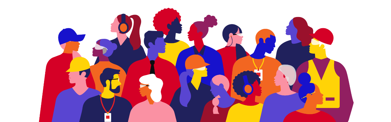 Colorful illustration of many different people to represent diversity, equity and inclusion.