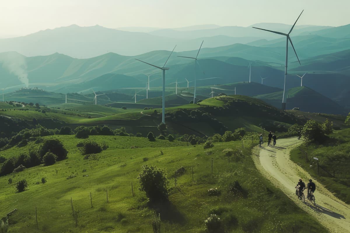 Moutain country side with windmills and bikers on a trail.