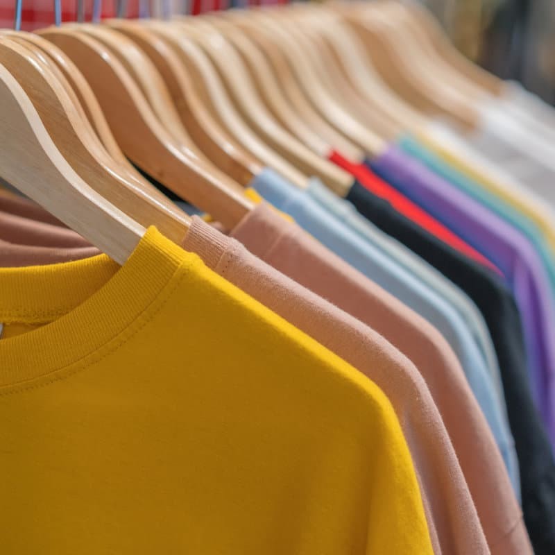 Shirts hanging on clothes rack.